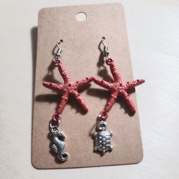 Wire hook dangle earrings -Seashore -Coral Starfish, Metal Turtle & Seahorse - Picture 3 of 3